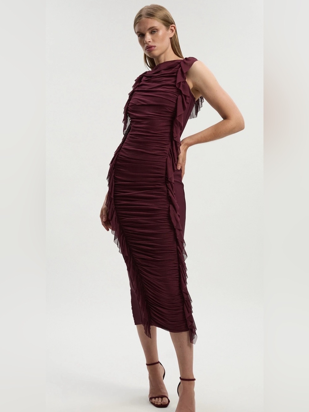 KARENMILLEN BANDAGE MESH GATHERED RUFFLE KNITTED MAXI DRESS